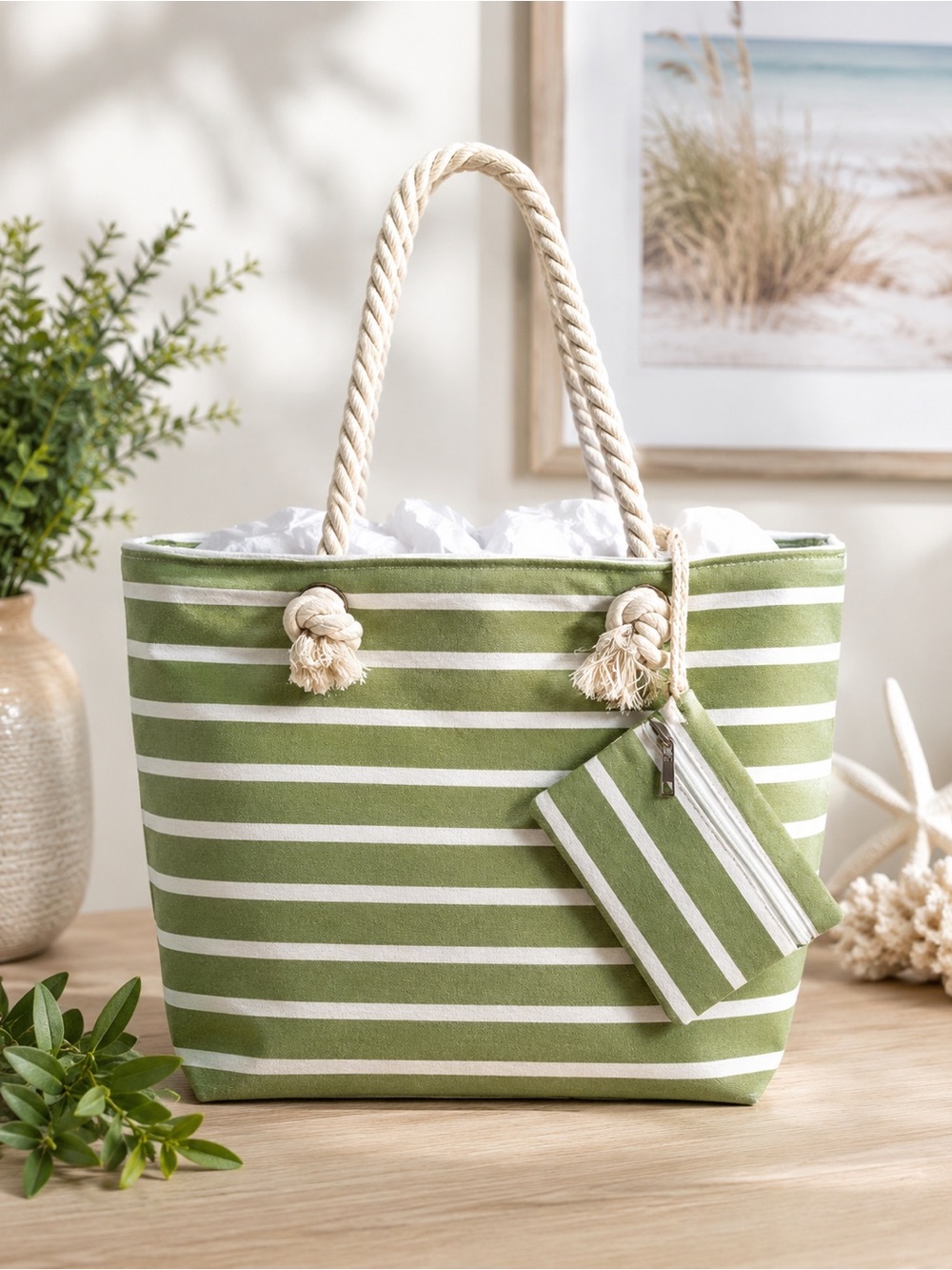 Green and White Striped Rope-Handle Tote Bag with matching pouch